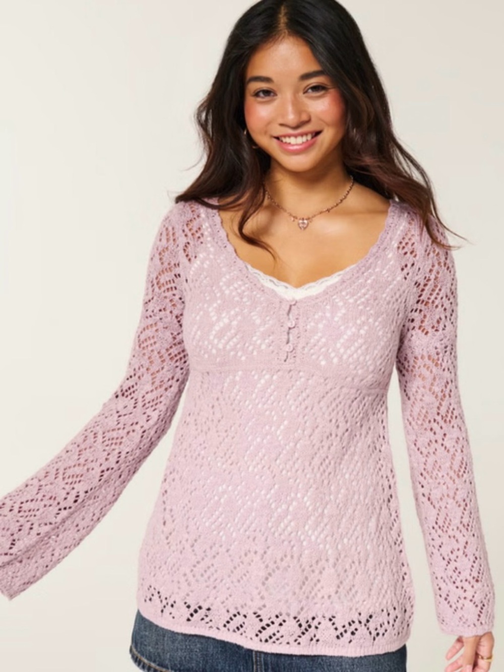 Hollister Open-Stitch V-Neck
Sweater - Light Pink Lace Knit Long-Sleeve Top